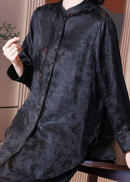 Chinese Style Black Tasseled Jacquard Patchwork Silk Blouses Long Sleeve TI1052 - fabuloryshop