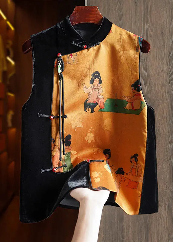 Chinese Style Black Tasseled Print Patchwork Silk Velour Vest Sleeveless Ada Fashion