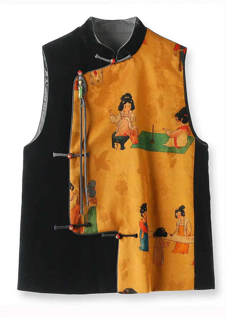 Chinese Style Black Tasseled Print Patchwork Silk Velour Vest Sleeveless Ada Fashion