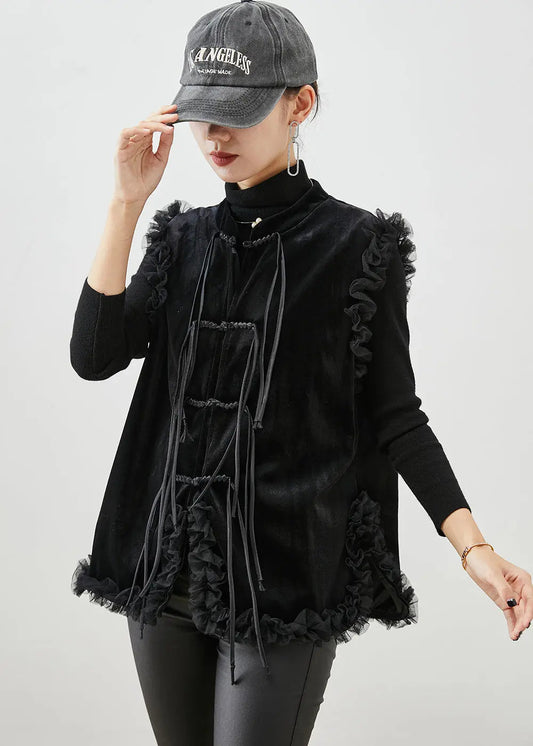 Chinese Style Black Tasseled Ruffled Silk Velour Vest Fall Ada Fashion