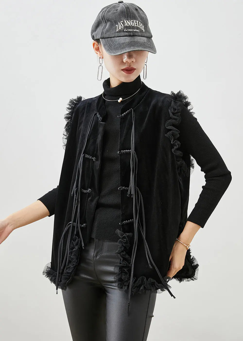 Chinese Style Black Tasseled Ruffled Silk Velour Vest Fall Ada Fashion