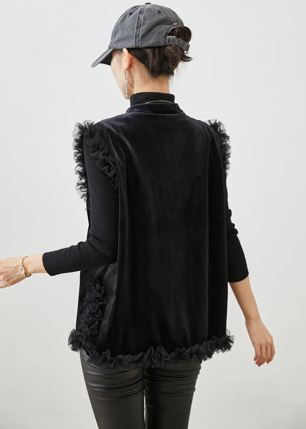 Chinese Style Black Tasseled Ruffled Silk Velour Vest Fall Ada Fashion