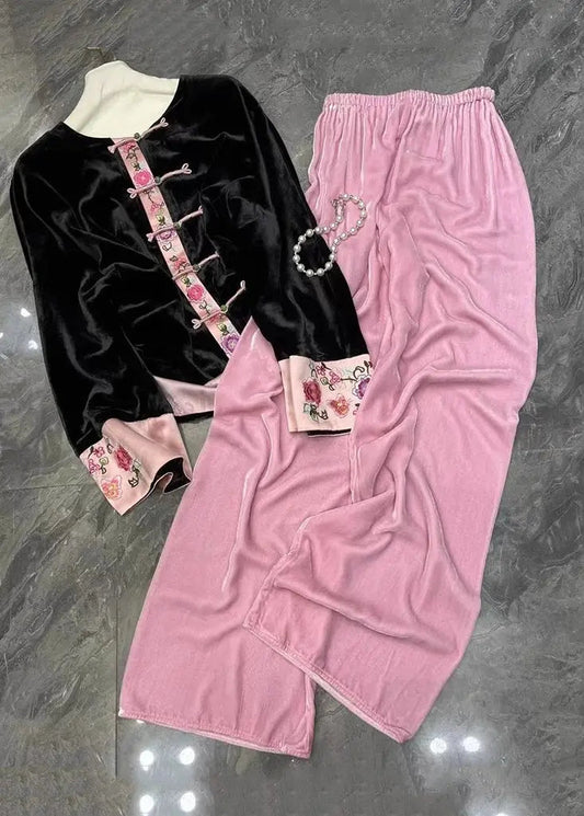 Chinese Style Black Tops And Pink Pants Silk Velour Two Pieces Set Fall Ada Fashion