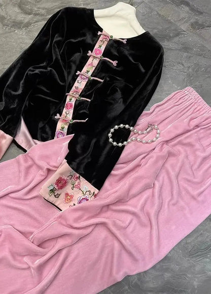 Chinese Style Black Tops And Pink Pants Silk Velour Two Pieces Set Fall Ada Fashion