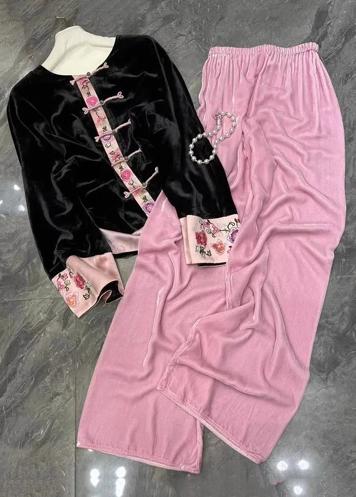 Chinese Style Black Tops And Pink Pants Silk Velour Two Pieces Set Fall Ada Fashion