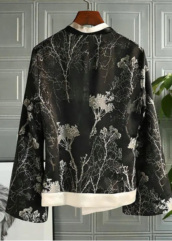 Chinese Style Black V Neck Print Side Open Silk Top Fall Ada Fashion