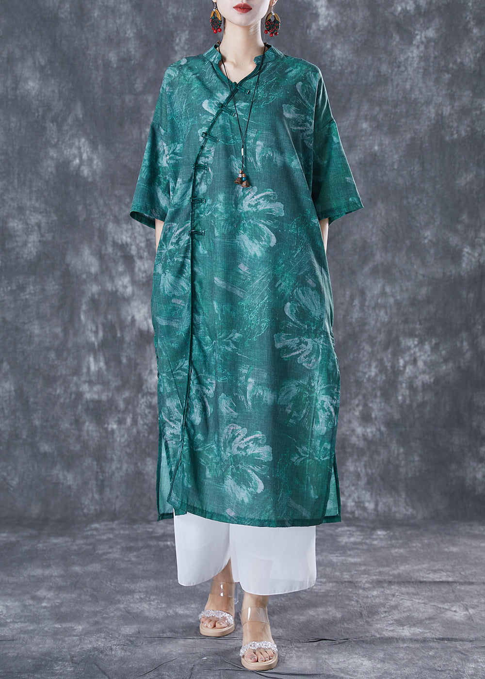 Chinese Style Blackish Green Oversized Print Linen Long Dress Summer TA1042 - fabuloryshop