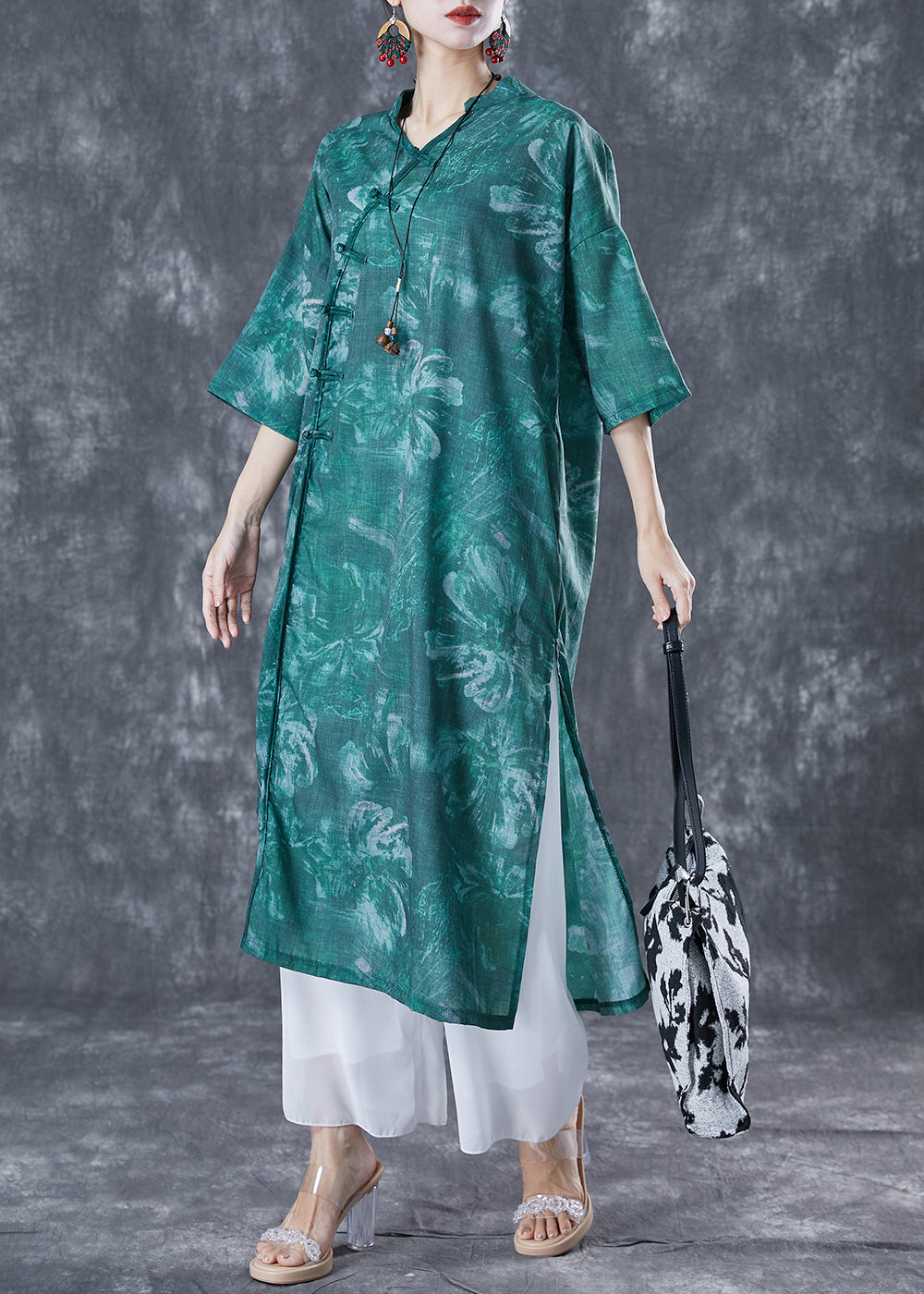 Chinese Style Blackish Green Oversized Print Linen Long Dress Summer TA1042 - fabuloryshop