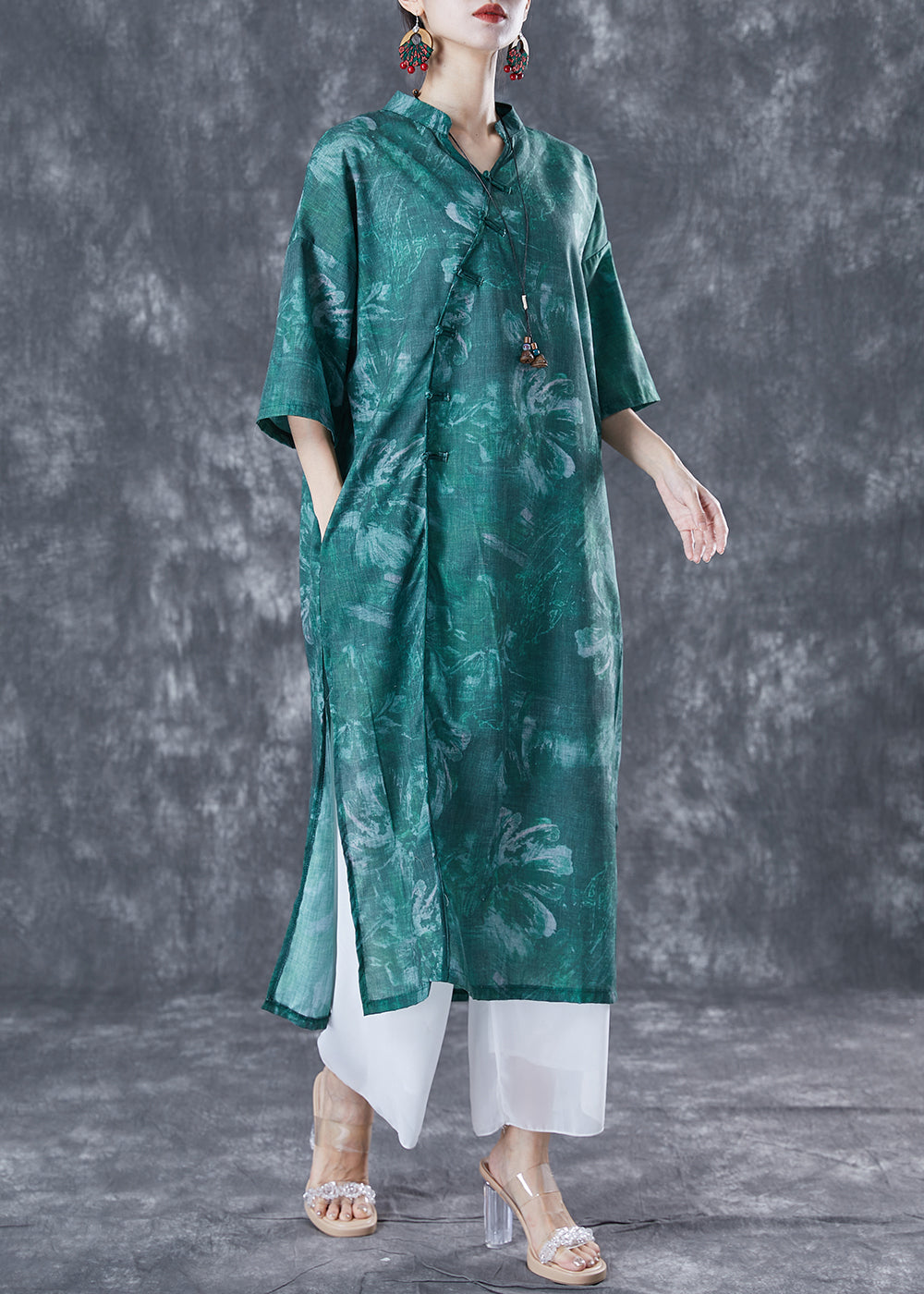 Chinese Style Blackish Green Oversized Print Linen Long Dress Summer TA1042 - fabuloryshop