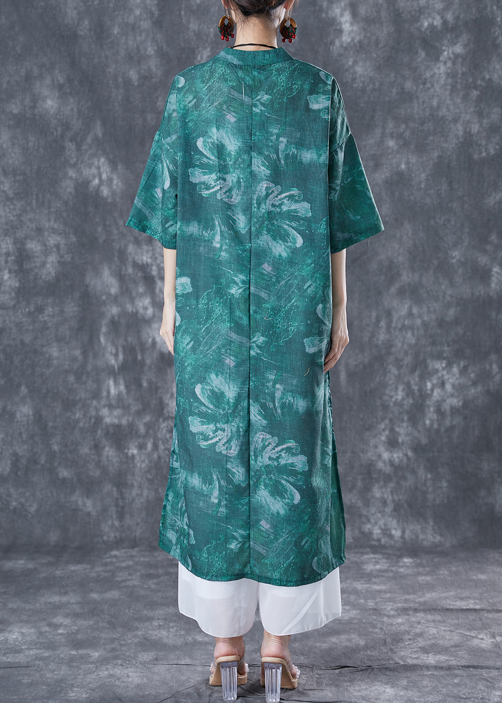 Chinese Style Blackish Green Oversized Print Linen Long Dress Summer TA1042 - fabuloryshop