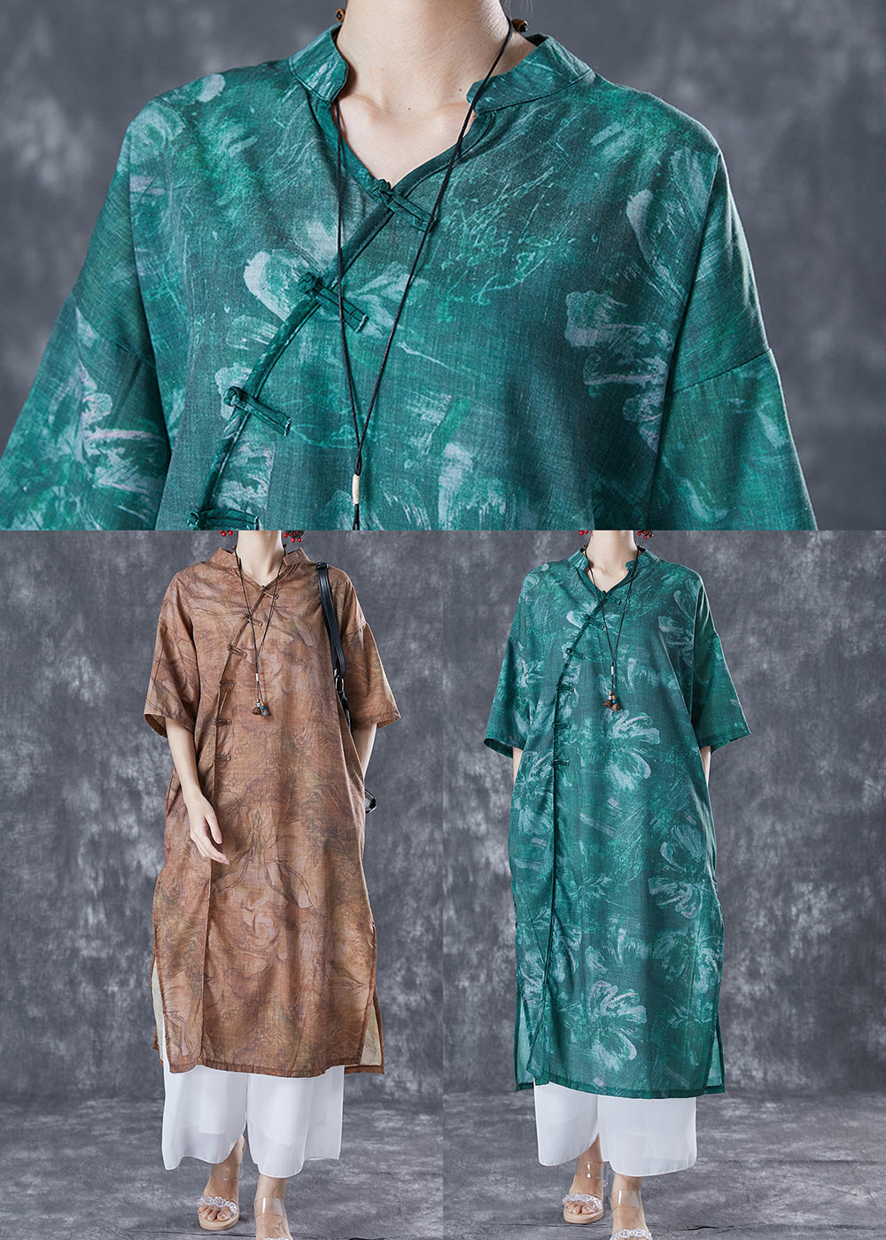 Chinese Style Blackish Green Oversized Print Linen Long Dress Summer TA1042 - fabuloryshop