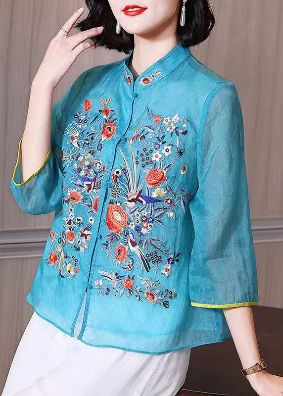 Chinese Style Blue Embroideried Patchwork Chiffon Blouse Tops Summer LY6986 Ada Fashion