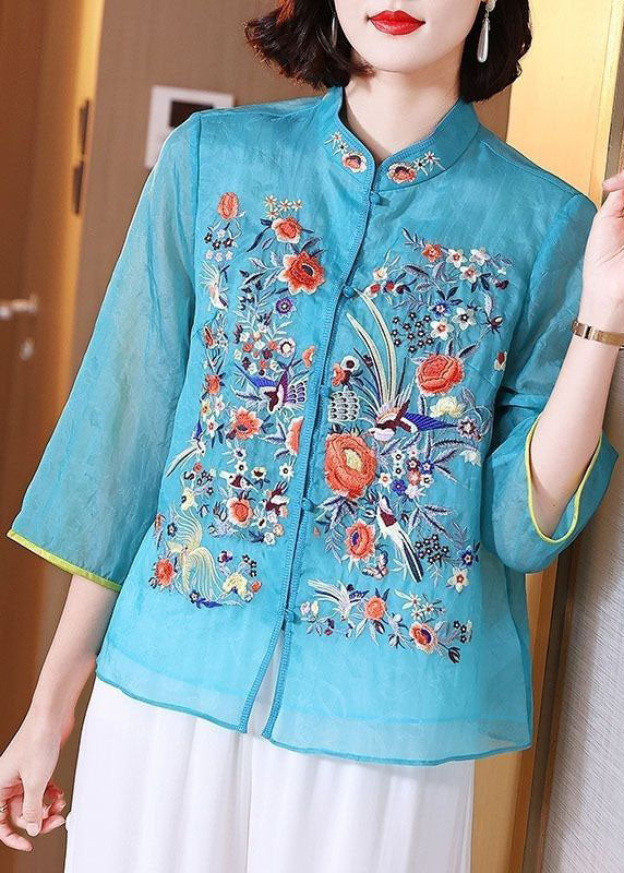 Chinese Style Blue Embroideried Patchwork Chiffon Blouse Tops Summer TP1042 - fabuloryshop
