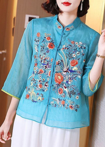 Chinese Style Blue Embroideried Patchwork Chiffon Blouse Tops Summer LY6986 Ada Fashion