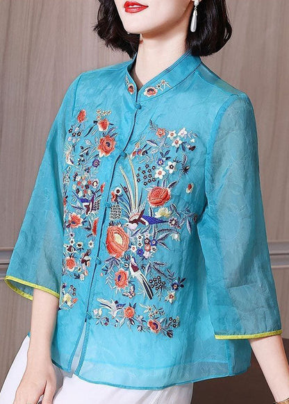 Chinese Style Blue Embroideried Patchwork Chiffon Blouse Tops Summer TP1042 - fabuloryshop