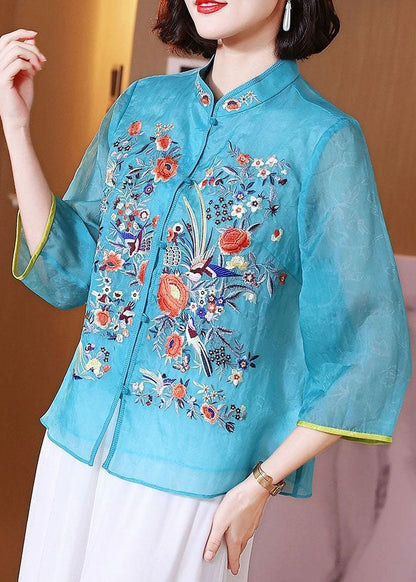 Chinese Style Blue Embroideried Patchwork Chiffon Blouse Tops Summer TP1042 - fabuloryshop