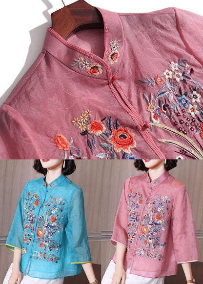 Chinese Style Blue Embroideried Patchwork Chiffon Blouse Tops Summer TP1042 - fabuloryshop