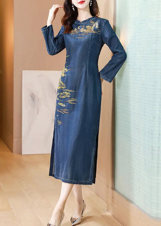 Chinese Style Blue Embroideried Patchwork Denim Long Dress Fall Ada Fashion