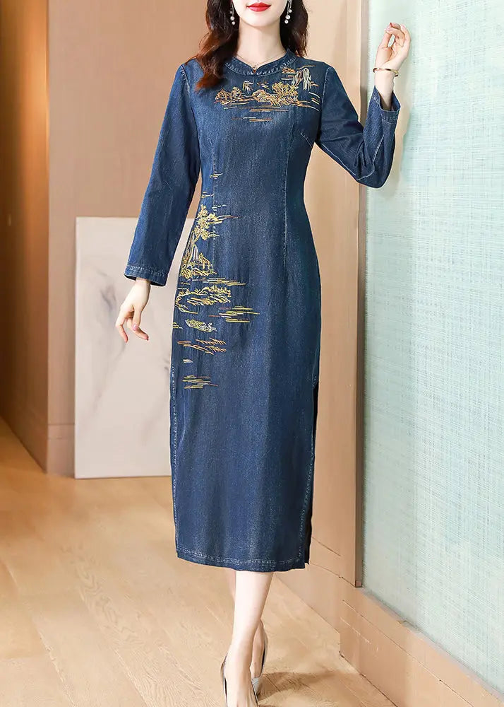 Chinese Style Blue Embroideried Patchwork Denim Long Dress Fall Ada Fashion