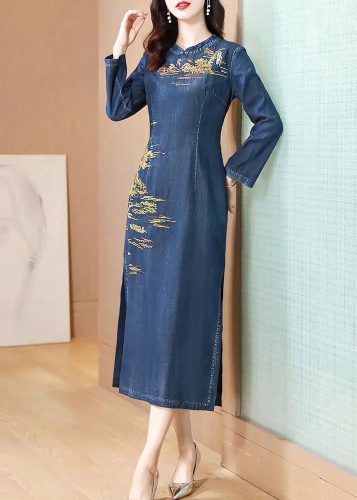 Chinese Style Blue Embroideried Patchwork Denim Long Dress Fall Ada Fashion