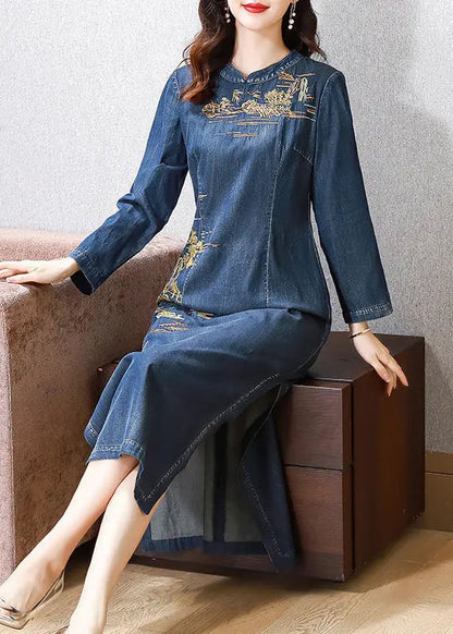 Chinese Style Blue Embroideried Patchwork Denim Long Dress Fall Ada Fashion