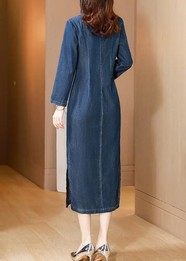 Chinese Style Blue Embroideried Patchwork Denim Long Dress Fall Ada Fashion