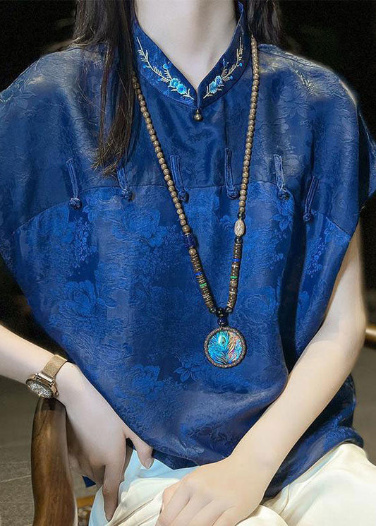 Chinese Style Blue Embroideried Patchwork Jacquard Silk Shirt Summer LC0267 - fabuloryshop