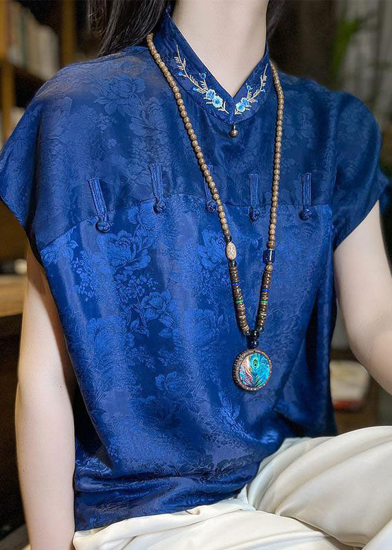 Chinese Style Blue Embroideried Patchwork Jacquard Silk Shirt Summer LC0267 - fabuloryshop