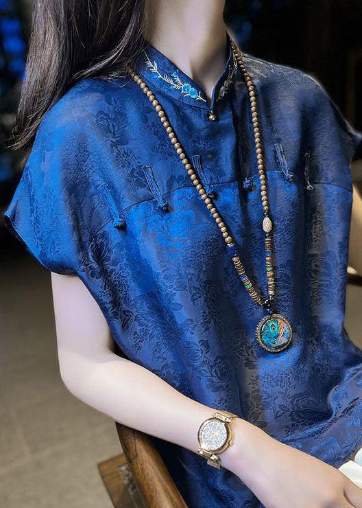 Chinese Style Blue Embroideried Patchwork Jacquard Silk Shirt Summer LC0267 - fabuloryshop