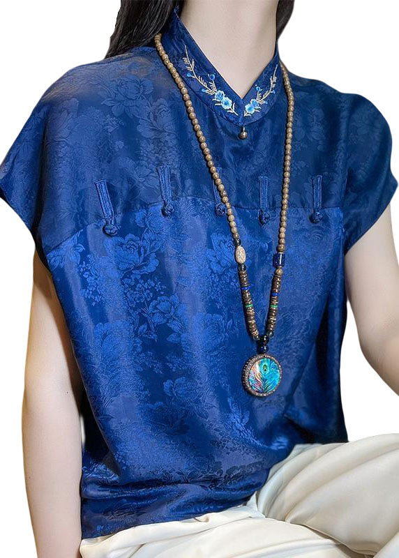 Chinese Style Blue Embroideried Patchwork Jacquard Silk Shirt Summer LC0267 - fabuloryshop