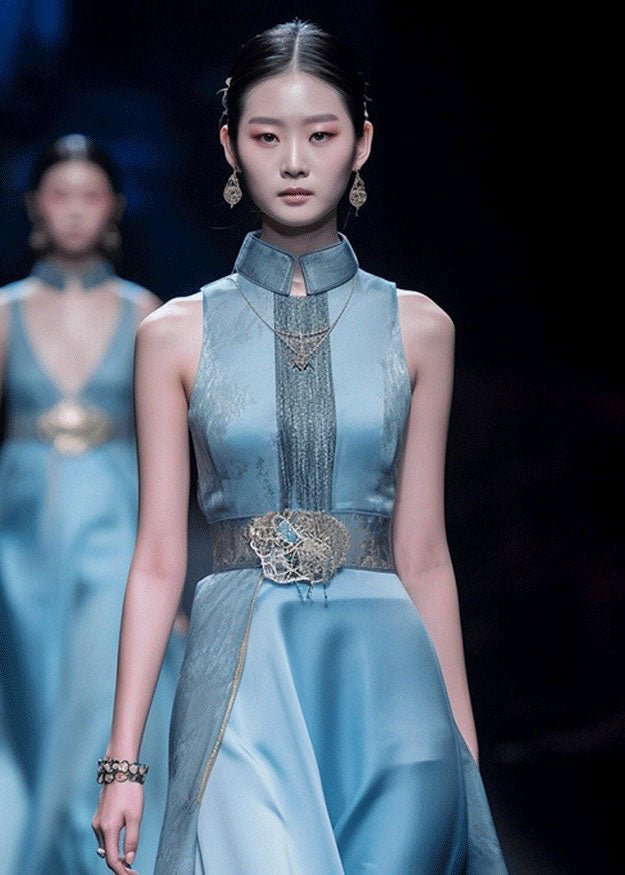 Chinese Style Blue Patchwork Silk Top And Cummerbund Maxi Skirts Sleeveless Ada Fashion