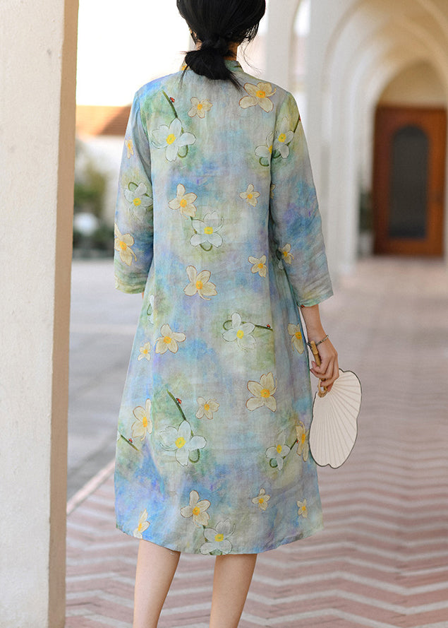 Chinese Style Blue Print Button Patchwork Linen Dresses Fall Ada Fashion