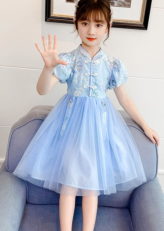 Chinese Style Blue Stand Collar Embroideried Patchwork Chiffon Kids Girls Dress Summer LY6474 Ada Fashion