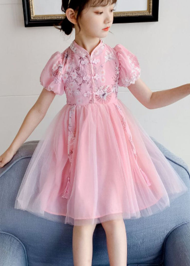 Chinese Style Blue Stand Collar Embroideried Patchwork Chiffon Kids Girls Dress Summer LY6474 Ada Fashion