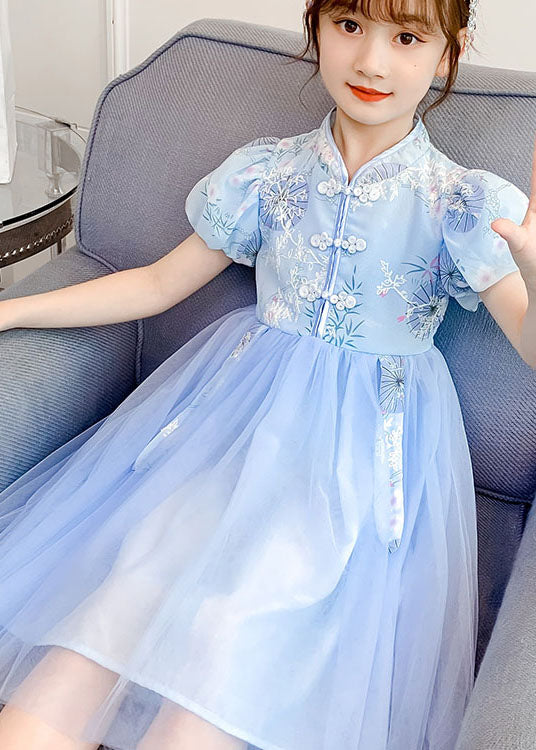 Chinese Style Blue Stand Collar Embroideried Patchwork Chiffon Kids Girls Dress Summer LY6474 Ada Fashion