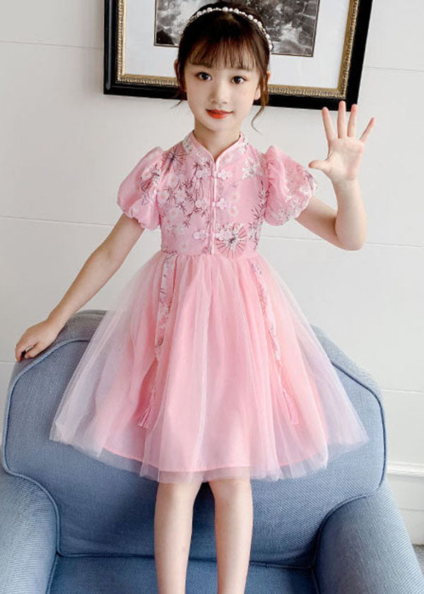 Chinese Style Blue Stand Collar Embroideried Patchwork Chiffon Kids Girls Dress Summer LY6474 Ada Fashion