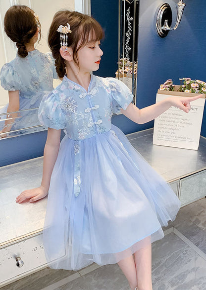 Chinese Style Blue Stand Collar Embroideried Patchwork Chiffon Kids Girls Dress Summer LY6474 Ada Fashion