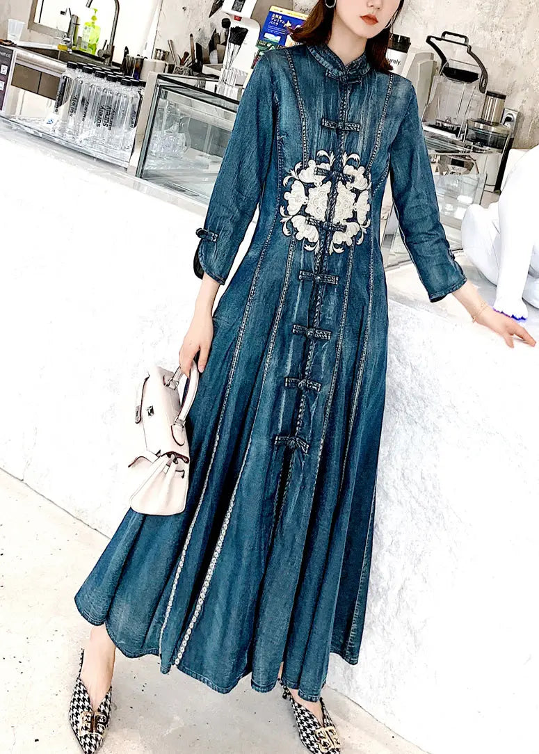 Chinese Style Blue Stand Collar Embroideried Patchwork Denim Dress Fall Ada Fashion