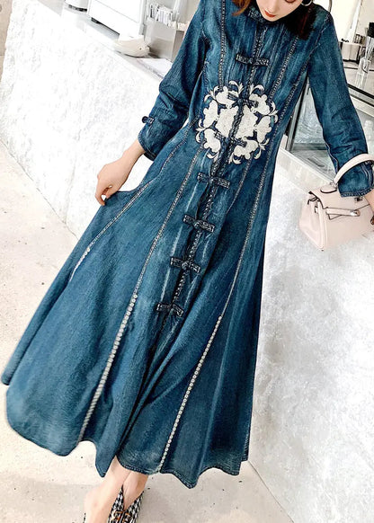 Chinese Style Blue Stand Collar Embroideried Patchwork Denim Dress Fall Ada Fashion