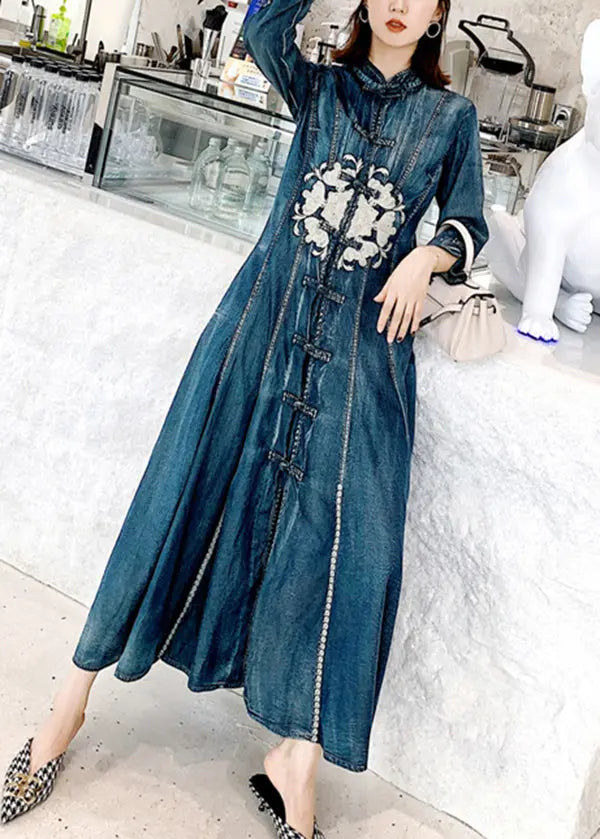 Chinese Style Blue Stand Collar Embroideried Patchwork Denim Dress Fall Ada Fashion