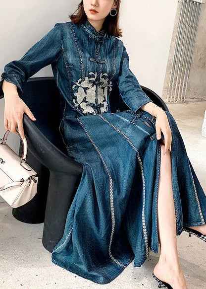 Chinese Style Blue Stand Collar Embroideried Patchwork Denim Dress Fall Ada Fashion