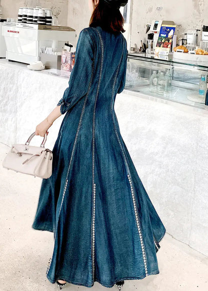 Chinese Style Blue Stand Collar Embroideried Patchwork Denim Dress Fall Ada Fashion