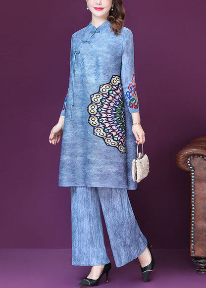 Chinese Style Blue Stand Collar Patchwork Print Silk Two Pieces Set Spring LY2244 - fabuloryshop