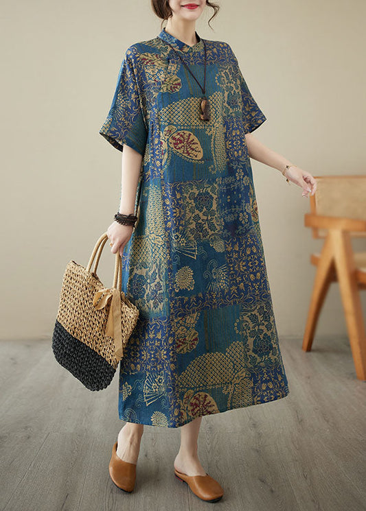 Chinese Style Blue Stand Collar Print Patchwork Linen Dress Summer LY4943 - fabuloryshop