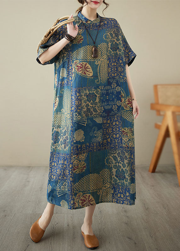 Chinese Style Blue Stand Collar Print Patchwork Linen Dress Summer LY4943 - fabuloryshop