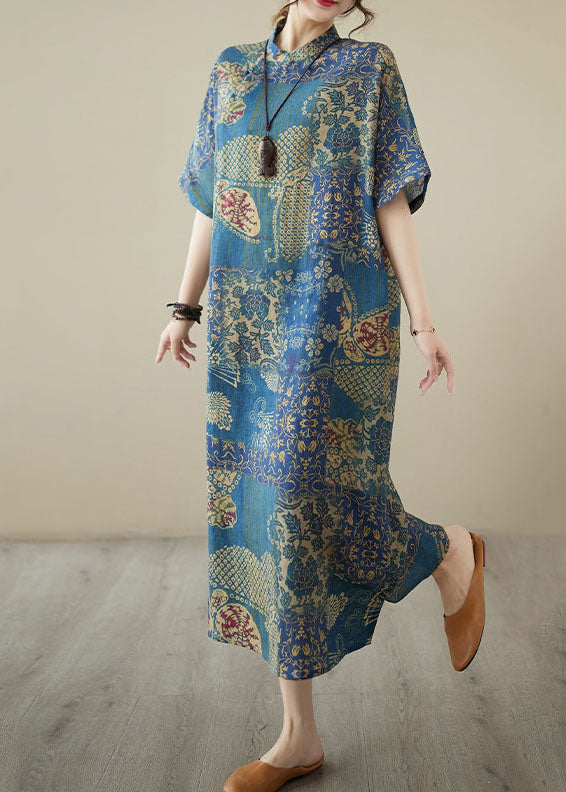 Chinese Style Blue Stand Collar Print Patchwork Linen Dress Summer LY4943 - fabuloryshop