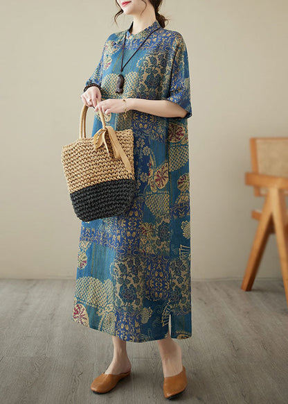 Chinese Style Blue Stand Collar Print Patchwork Linen Dress Summer LY4943 - fabuloryshop