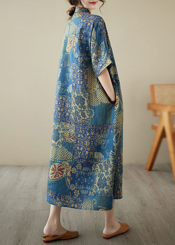 Chinese Style Blue Stand Collar Print Patchwork Linen Dress Summer LY4943 - fabuloryshop