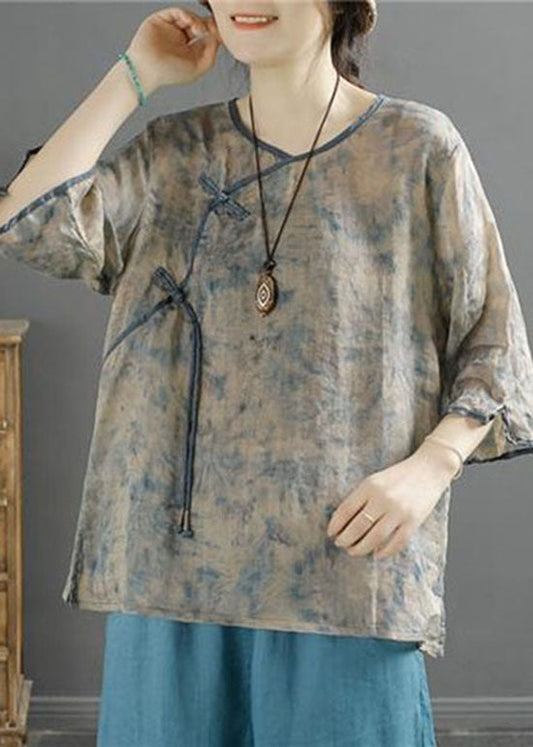 Chinese Style Blue Tasseled Button Patchwork Linen Top Summer LY4127 - fabuloryshop