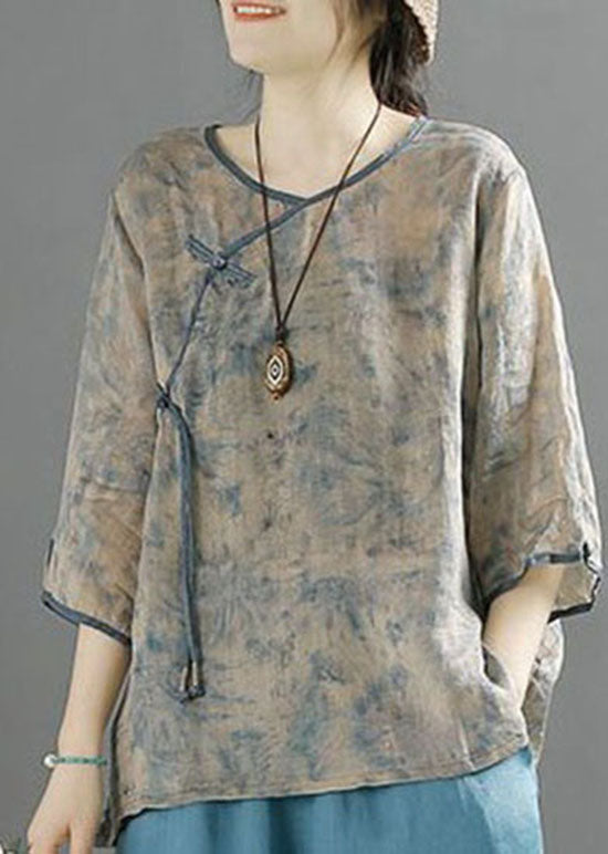 Chinese Style Blue Tasseled Button Patchwork Linen Top Summer LY4127 - fabuloryshop